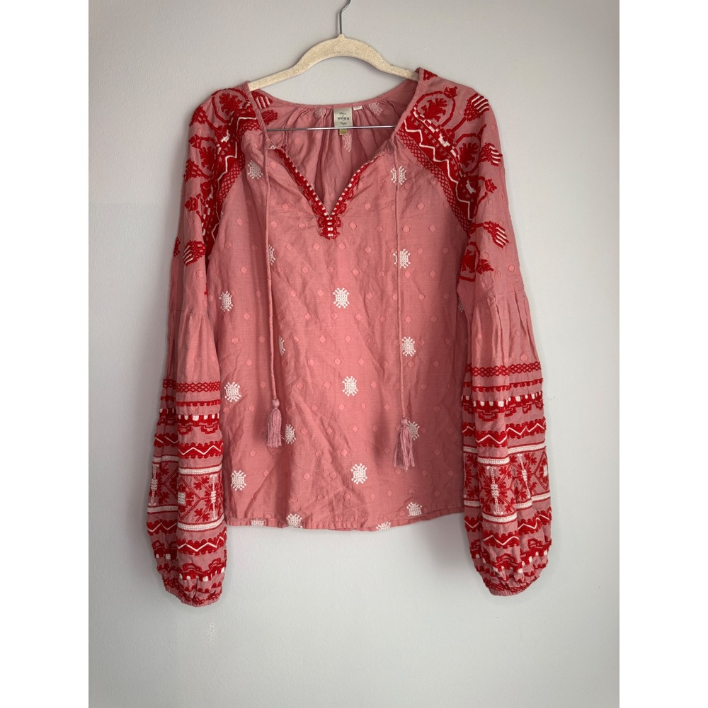 Seen Worn Kept Jana Blouse Pink Embroidered Cotton Boho Tassel Top US 8